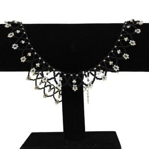 Handmade Collar Length Beaded Necklace Black & Cream